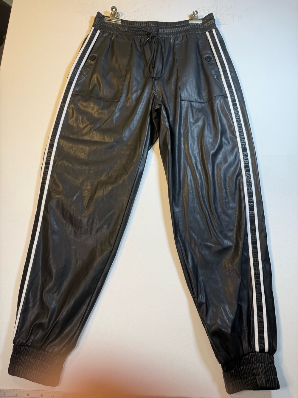 Karl Lagerfeld Black Faux Leather Jacket with White Trim Detail
